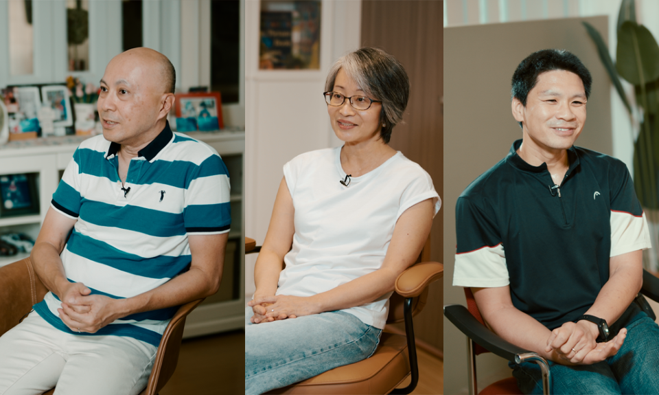 (From left) Give Us This Day volunteer writers Stephen Chan, Karen Kwek, and Warrick Tan